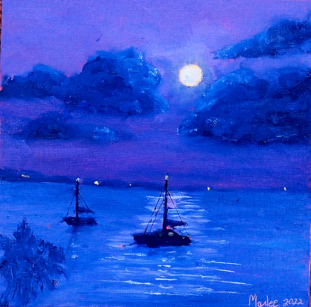 8x8" original oil on Canvas     A quiet mid summer full moon find the sailboats blessed in a moonlight bath over the Sea of Abaco Bahamas